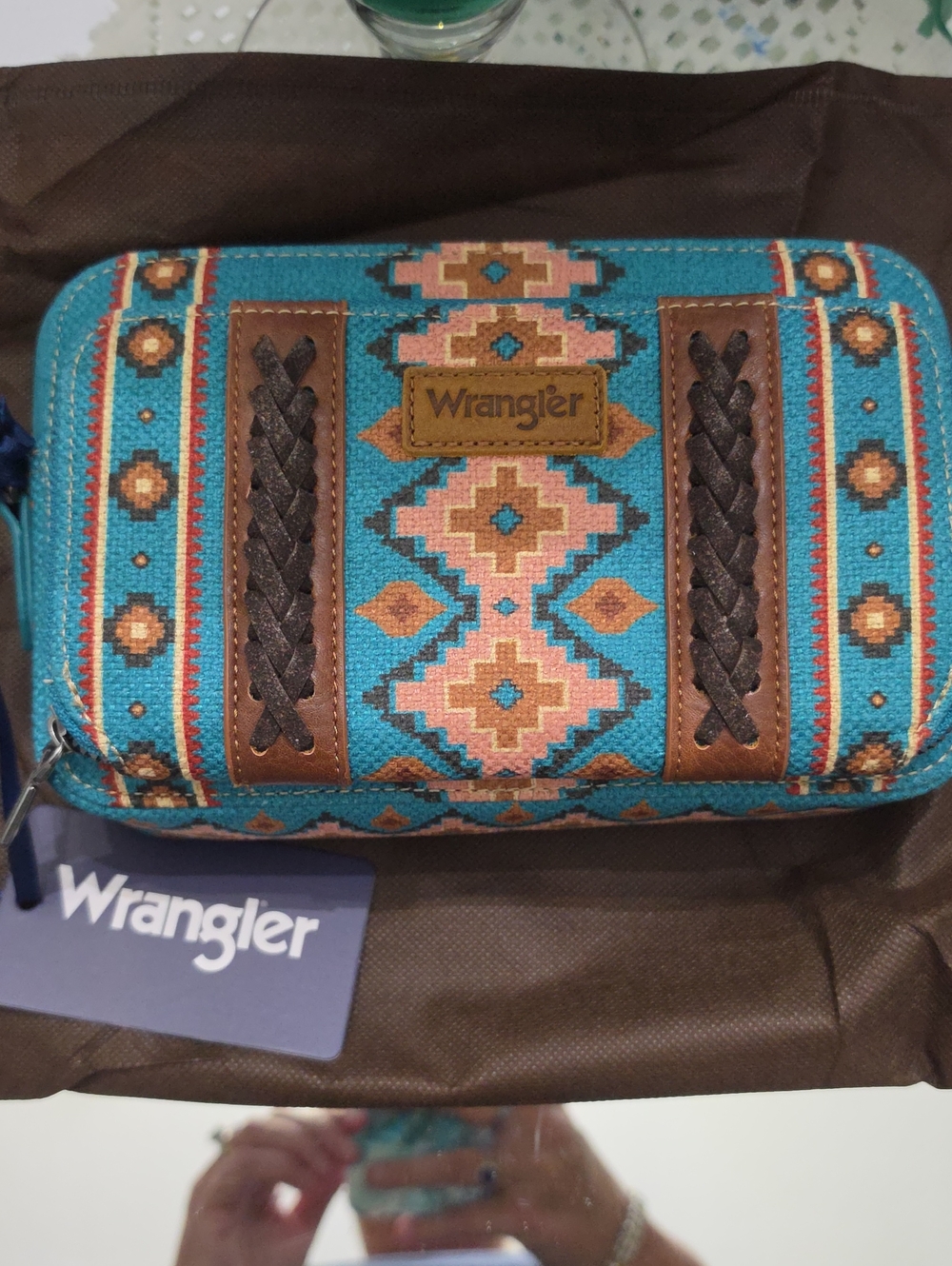 Wrangler Turquoise Aztec Crossbody Or Shoulder Leatherwith Brown Braided Accents